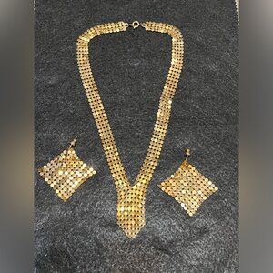 Vintage Mesh Necklace and earrings gold tone Metal Disco glam